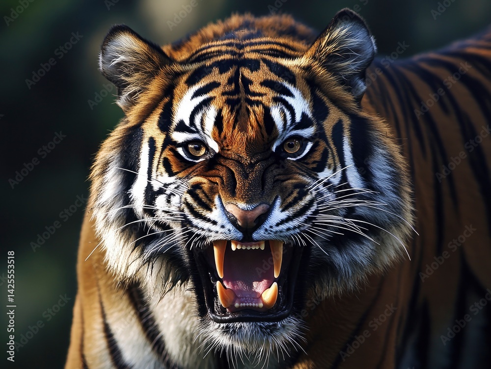 Obraz premium A breathtaking close-up of a Bengal tiger in a powerful pose, its mouth open with sharp teeth visible