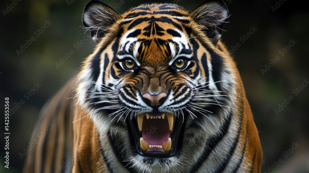 Obraz premium A breathtaking close-up of a Bengal tiger in a powerful pose, its mouth open with sharp teeth visible