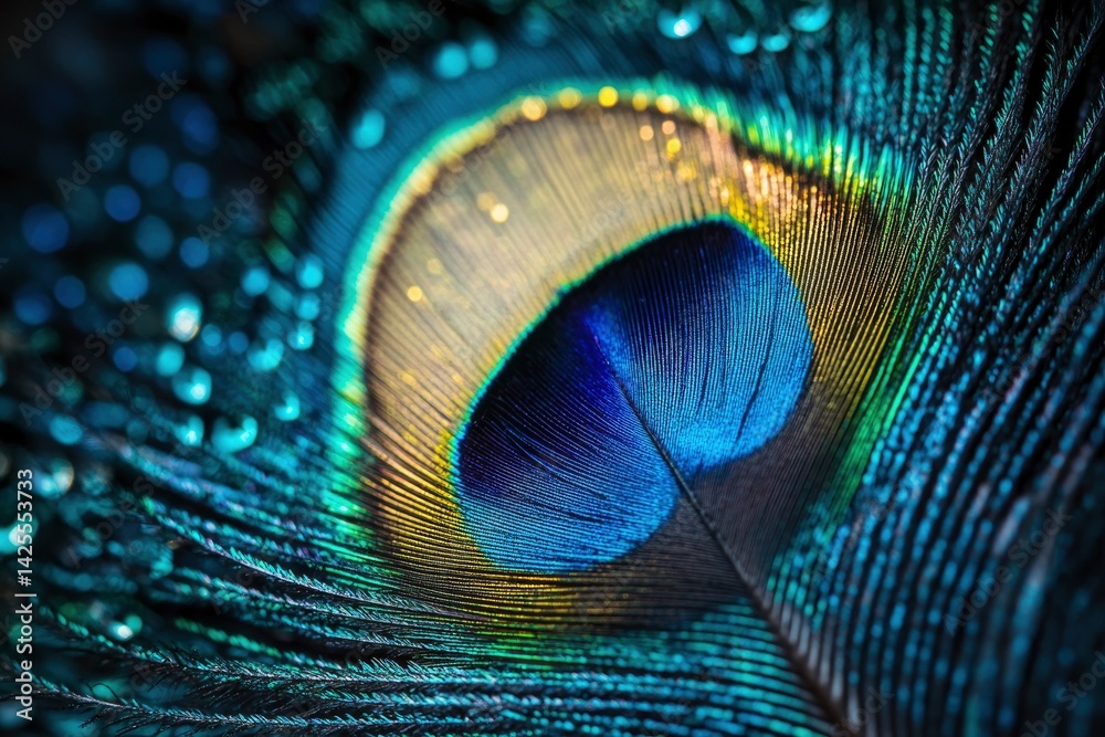 Naklejka premium A breathtaking close-up of a peacock feather, with the vibrant and iridescent colors of the feather on full display