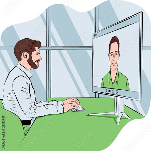 Businessman on a video call with stakeholder Business talk, growth strategies, and confidence in every decision. Outline vector illustration.