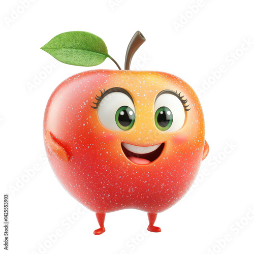 Cheerful cartoon apple character with a big smile and lively personality in a simple white background