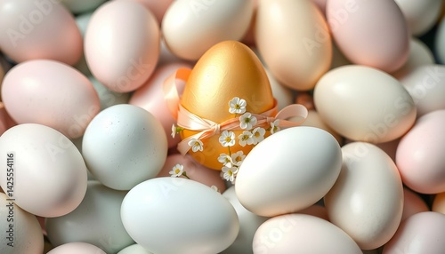 Golden Easter Egg Amongst Pastel Eggs with Delicate Flowers