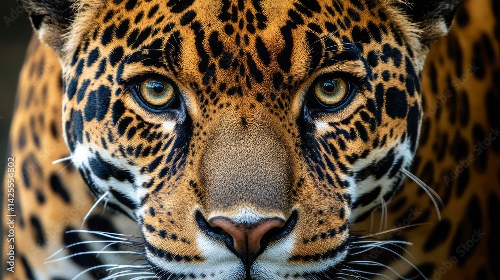 Fototapeta premium A breathtaking macro shot of a jaguars face, its golden eyes shining with strength and mystery