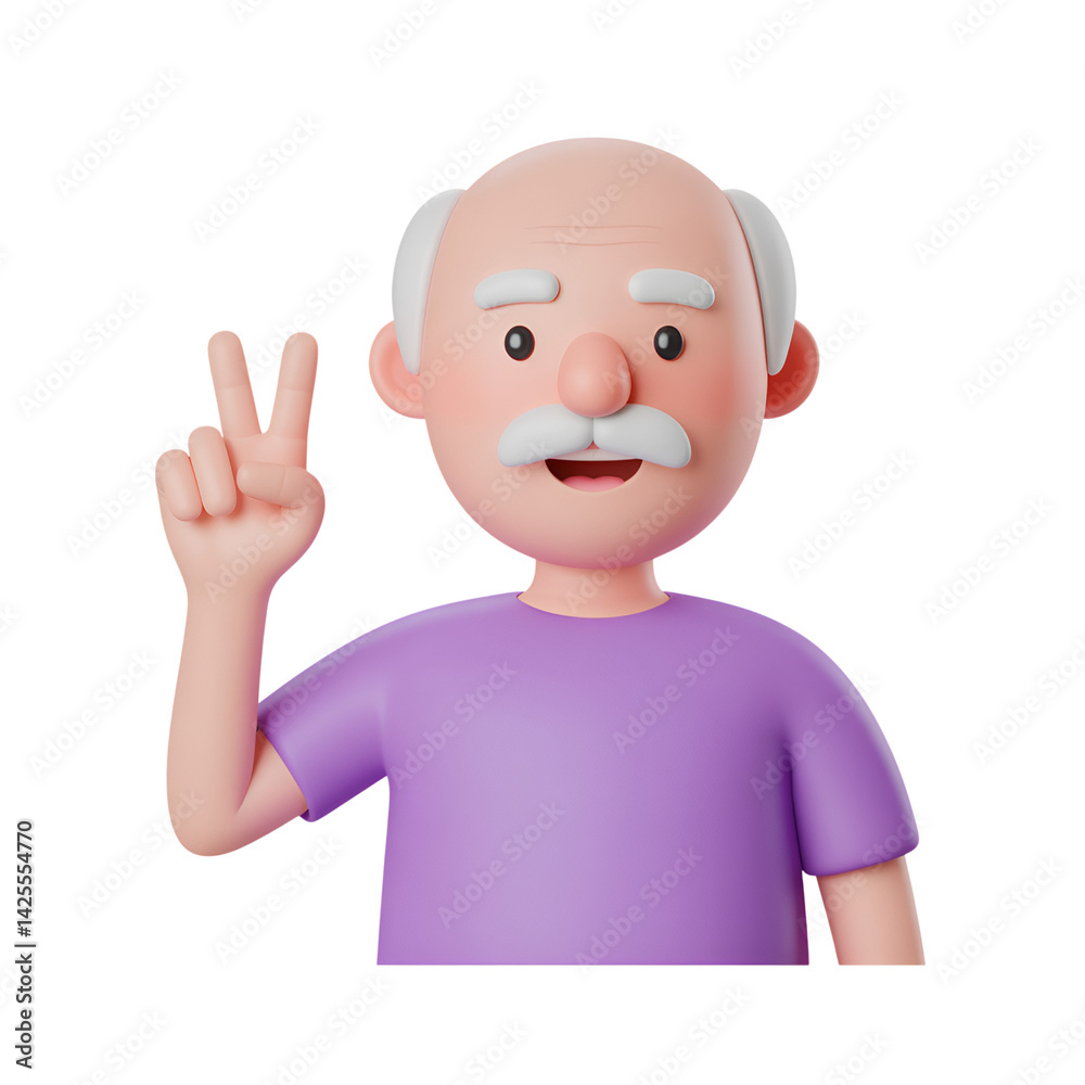 Cartoon grandpa showing peace sign with hand in 3d rendering illustration Cartoon grandpa showing peace sign with hand in 3d rendering illustration