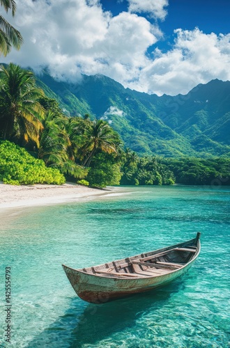 Tropical beach with boat, lush vegetation, and mountains. Scenic paradise.  Possible use Travel, vacation, relax