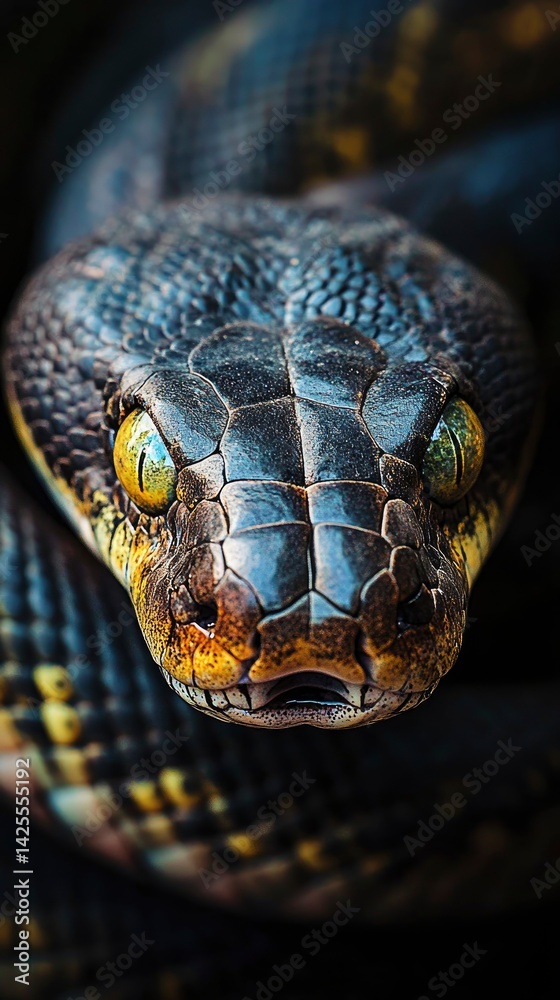 Fototapeta premium A captivating close-up of an anaconda with its mouth slightly open, showing its powerful, muscular build