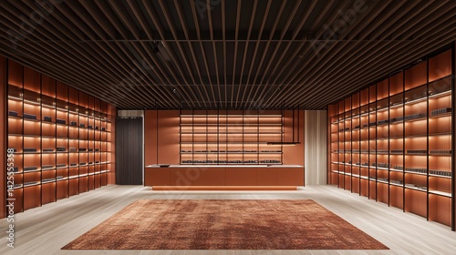 Modern retail space with warm terracotta accents.  Shelves, counter, and ceiling are highlighted by warm lighting