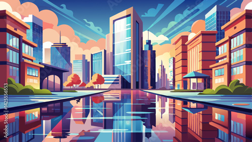 Tall city buildings mirrored perfectly in fresh puddles after the rain