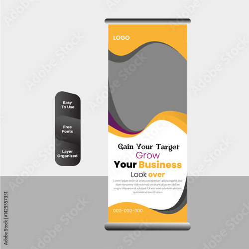 Creative Unique Corporate Roll Up Banner Template Example Sample, Modern Business Signage Standee X Banner Pop Up Design Download with Abstract Shapes