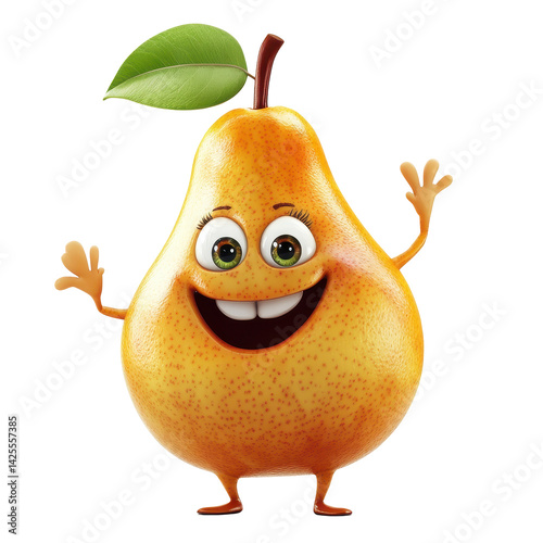Cheerful cartoon pear character with big smile and friendly pose in a vibrant design