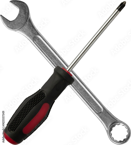 screwdriver and wrench isolated on white background close up