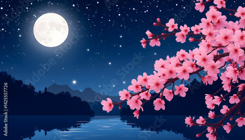  Sakura in night light: “Night landscape with blooming sakura illuminated by the moon.