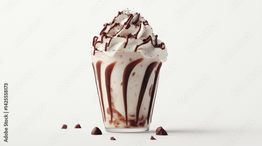 Creamy chocolate milkshake topped with whipped cream and drizzled chocolate in a glass cup