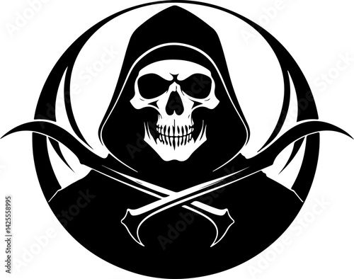 "Grim Reaper Skull Silhouette Vector Art – Dark Gothic Design Featuring Hooded Skeleton and Crossed Bones for Tattoos, Graphics, and Illustrations"