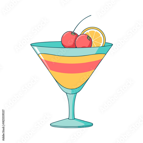 Colorful cocktail in a glass with cherries and lemon garnish