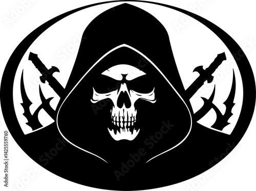 "Grim Reaper Skull Silhouette Vector Art – Dark Gothic Design Featuring Hooded Skeleton and Crossed Bones for Tattoos, Graphics, and Illustrations"