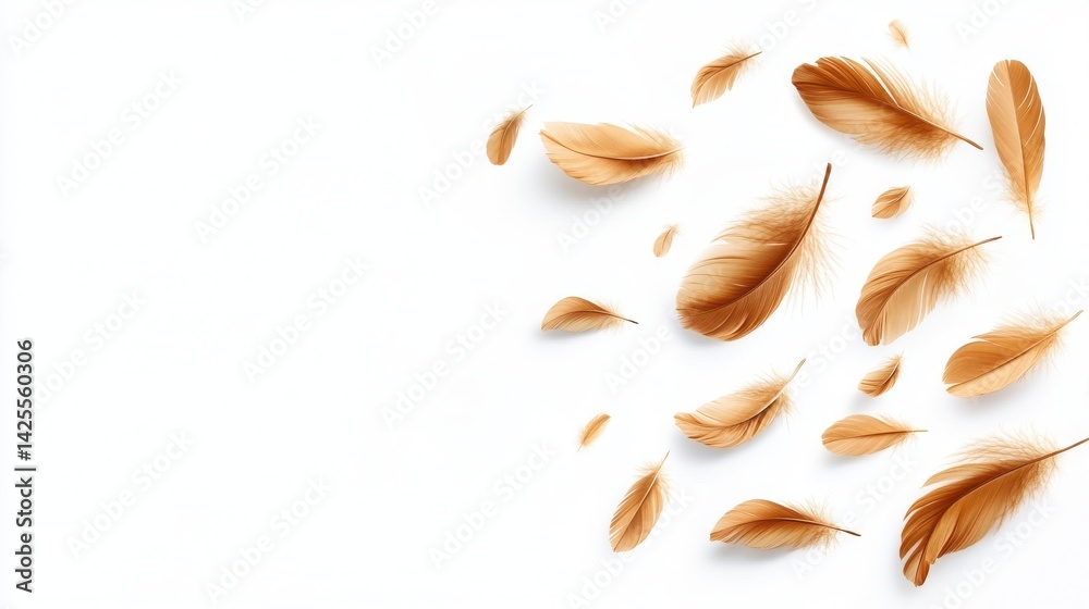 A burst of light brown feathers floats and falls against a pristine white background creating a delicate and airy design element perfect for elegant design projects or dreamy A burst of light brown feathers floats and falls against a pristine white background creating a delicate and airy design element perfect for elegant design projects or dreamy