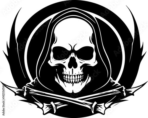 "Grim Reaper Skull Silhouette Vector Art – Dark Gothic Design Featuring Hooded Skeleton and Crossed Bones for Tattoos, Graphics, and Illustrations"