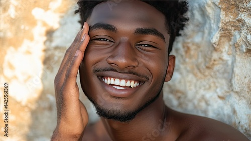 A smiling man with short, dark hair applies a small amount of cream to his right cheek using his index finger.