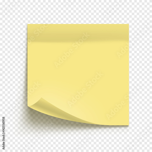 Vector yellow note paper isolated on transparent background. Realistic sticky note. Mockup of note paper for design.
