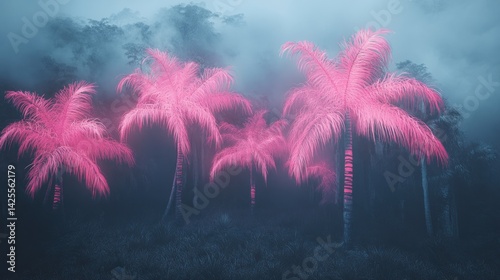 Obraz na płótnie Pink Neon Palm Trees Misty Forest w salonie