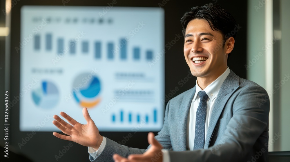 プレゼンやスピーチで聴衆に向かって話す日本人男性(講演・会社員・講師・起業・教育)
