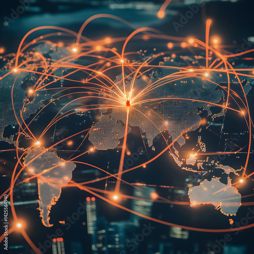 Global Network: Illuminated orange lines weave across a world map, symbolizing seamless digital communication and interconnectedness, set against a backdrop of a city lights.