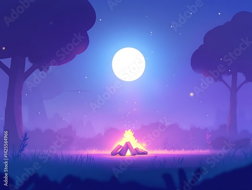 Night campfire, forest scene