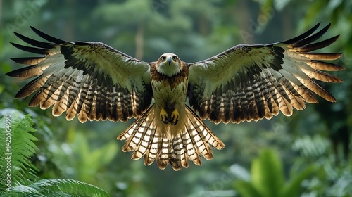 A rare species field documentation of the endangered Philippine eagle soaring over lush rainforests