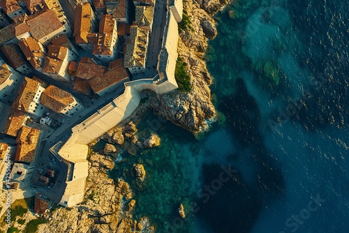 Photo of aerial view of the old city walls and cliffs in Dubrovnik, Croatia on a sunny summer day with blue water. View from above of the Old Town, an attractive summer holiday landscape