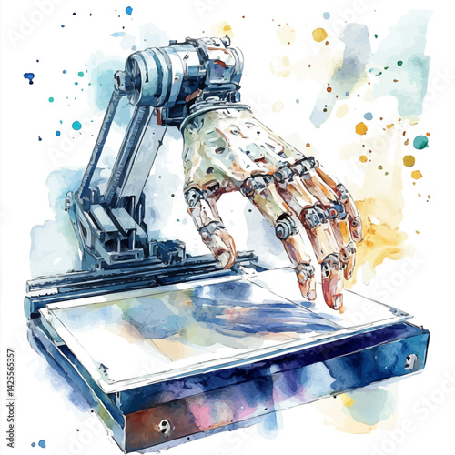 3D printer printing a mechanical hand, watercolor illustration, isolated on a white background.

