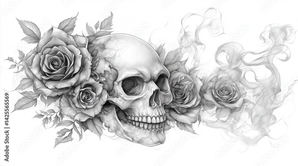 Fototapeta premium Skull and roses with smoke black and white art