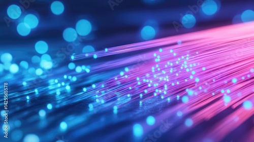 Lights of glowing fiber optic cables in smooth focusing technology concept. Vibrant abstract background of glowing fiber optic lights.