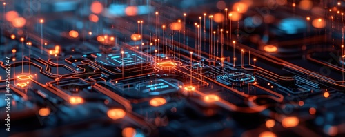 Lights of glowing fiber optic cables with advanced technology concept. Close-up of a circuit board with glowing connections and details.