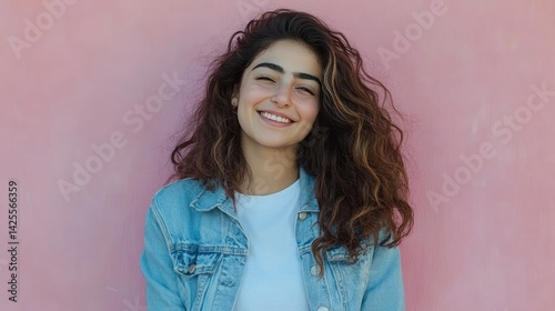A young woman stands smiling in front of a neutral gray background.