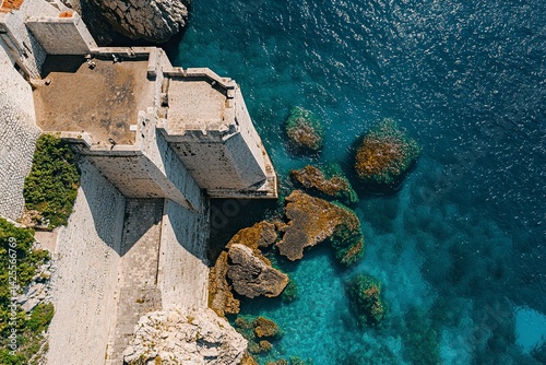 Photo of aerial view of the old city walls and cliffs in Dubrovnik, Croatia on a sunny summer day with blue water. View from above of the Old Town, an attractive summer holiday landscape