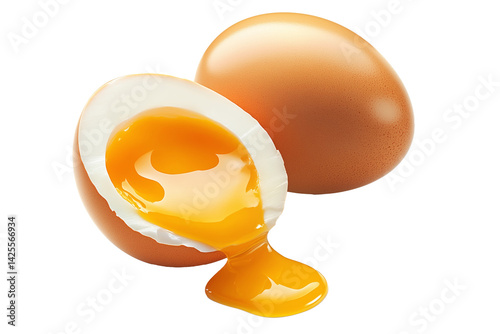 Whole brown eggs and cracked egg with yolk spilling out eggshell, isolated on white transparent background. Concept of Easter, food, fertility, and organic nutrition