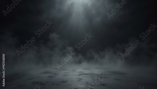 Divine light through a dark fog. The rays beam light on the floor. Spotlight on isolated background. Stock illustration.
