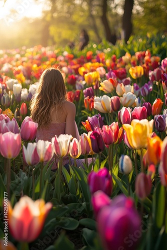 A field of blooming tulips in every color imaginable stretches under the soft spring sun. A young woman kneels in the flowers, gently picking a few to take home