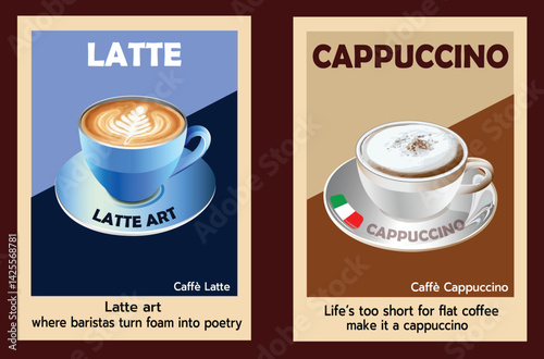 This image presents two visually appealing graphics promoting different coffee drinks.On the left,a latte with intricate foam art, while on the right, a cappuccino with a sprinkle topping is shown