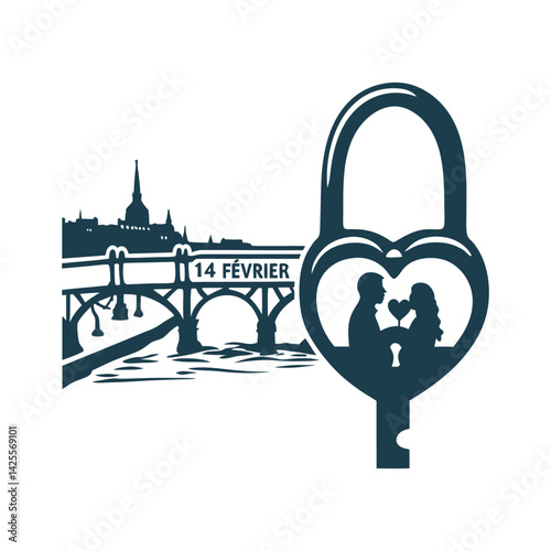Saint-Valentin (14 Février) – A lock on Pont des Arts bridge - EPS Vector file for Valentine's Day