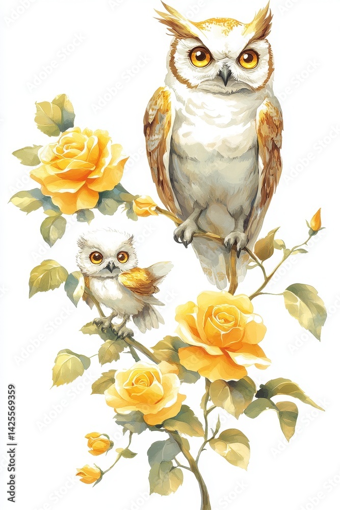 Obraz premium White and Brown Owl with Owlet Perched on Yellow Roses Branch