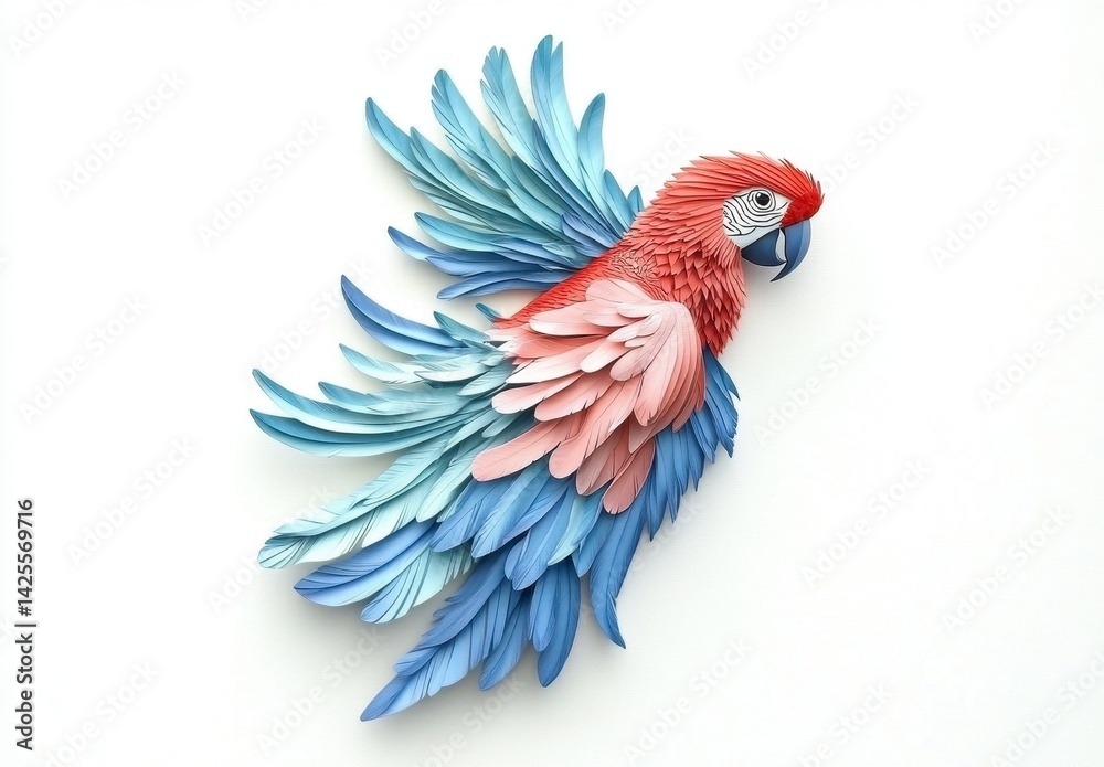 Obraz premium Colorful Paper Parrot Sculpture Against White Background With Detailed Feathers And Wing Display