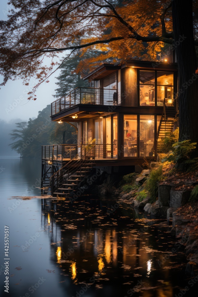 Fototapeta premium Riverside house nighttime cozy tranquil home