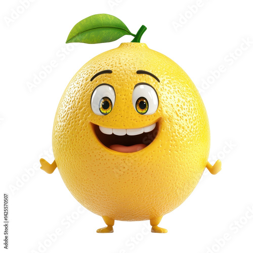 Happy cartoon lemon character with a smiling face and a leaf, showcasing a cheerful design and vibrant colors