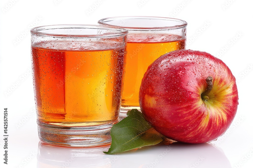 Refreshing Apple Juice: Two Glasses and a Red Apple, Vibrant Still Life Refreshing Apple Juice: Two Glasses and a Red Apple, Vibrant Still Life