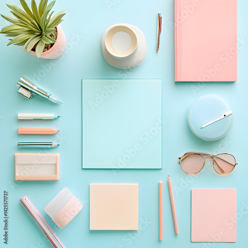 Artful Workspace Arrangement: An overhead perspective showcases an aesthetic flat lay of minimalist office supplies.