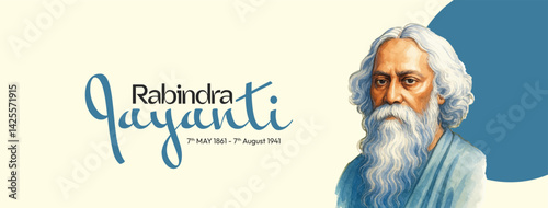 Rabindranath Tagore illustration for 22 Shey Shrabon Rabindra Jayanti Social Media Post, Web Banner, Status
