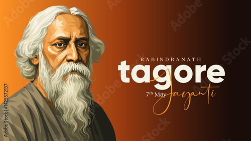 Rabindranath Tagore illustration for 22 Shey Shrabon Rabindra Jayanti Social Media Post, Web Banner, Status