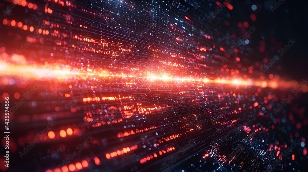 Abstract digital data stream with glowing red and blue particles. Abstract digital data stream with glowing red and blue particles.